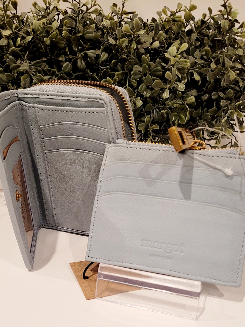 Margot Light Blue Leather Card Wallet & Zip Pouch Set $150 Retail